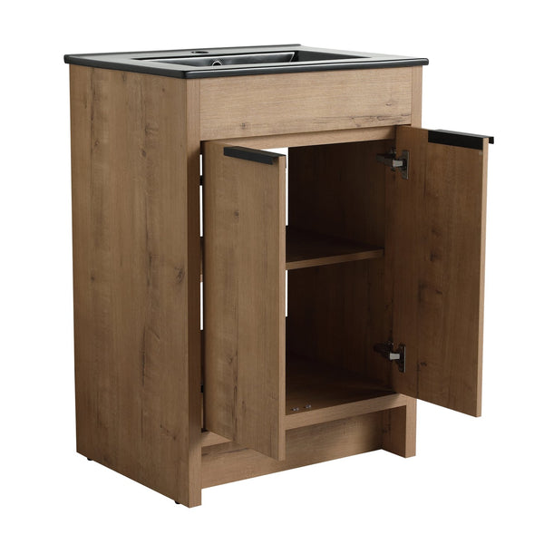 English Elm 24" Freestanding Bathroom Vanity with Black Ceramic Sink, Eco Plywood, Soft-Close Doors & Shelf W999S00102