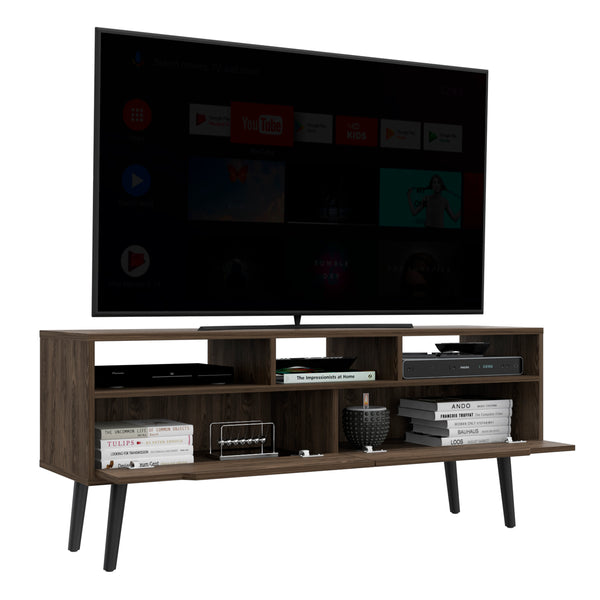 English Elm Tv Stand 60" Capacity Dark Walnut with 3 Open Shelves, 2 Adjustable Drawers, 56" Top Durable Design B092122876