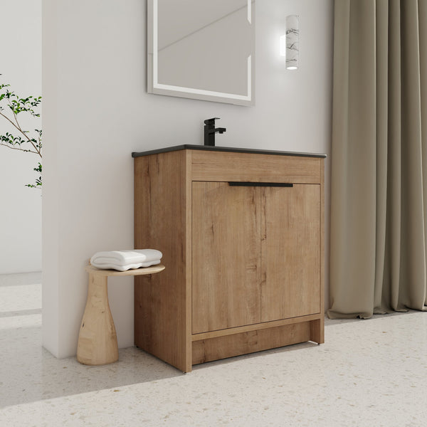 English Elm 30" Freestanding Bathroom Vanity With Black Ceramic Basin & Soft-Close Doors For Modern Spaces W999S00103