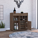 English Elm Bar Cabinet Dext, Two Concealed Shelves, Six Wine Cubbies, Dark Walnut Finish