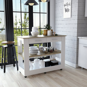 English Elm Kitchen Island 46 Inches Dozza - Stylish White & Light Oak With Storage Drawers & Locking Casters B092123277