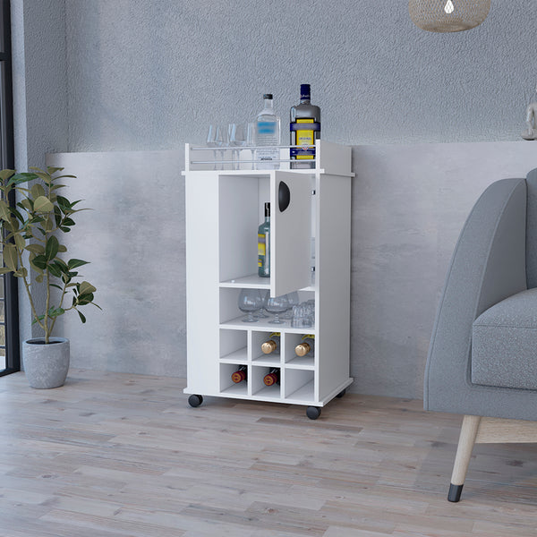 English Elm Bar Cart Reese with Smooth Casters, Six Wine Cubbies, Single Cabinet & Spacious Cocktail Surface White B092123139