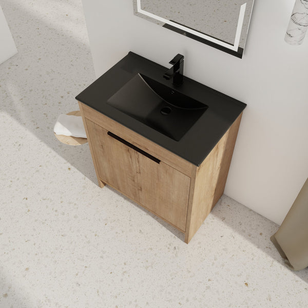 English Elm 30" Freestanding Bathroom Vanity With Black Ceramic Basin & Soft-Close Doors For Modern Spaces W999S00103