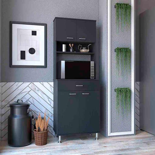 English Elm Pantry Piacenza multifunctional kitchen cabinet with microwave space, drawer, shelves for organized storage Black B092123040