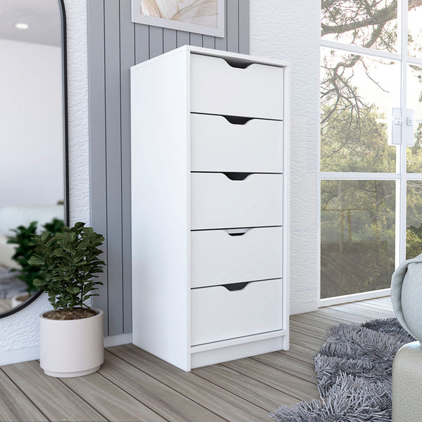 English Elm Dresser Kamran - Slim Five-Drawer Storage Solution In Crisp White Finish For Modern Spaces B092122837