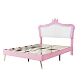 English Elm Queen Size Upholstered Bed Frame With Led Lights,Modern Upholstered Princess Bed With Crown Headboard,White+Pink