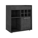 English Elm Bar Cabinet Dext, Two Concealed Shelves, Six Wine Cubbies, Light Gray Finish