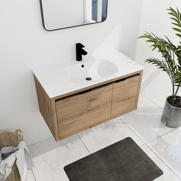 English Elm 36 Inch Floating Bathroom Vanity with Gel Basin, Soft-Close Doors & Drawers, Water-Resistant Ply Finish W99990145