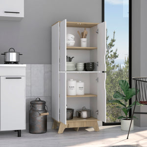 English Elm Double Kitchen Pantry Wallas Light Oak/White — Double-Door Storage Cabinet, 4 Shelves & Legs, Durable Countertop B092123099