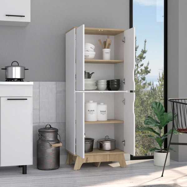 English Elm Double Kitchen Pantry Wallas Light Oak/White — Double-Door Storage Cabinet, 4 Shelves & Legs, Durable Countertop B092123099