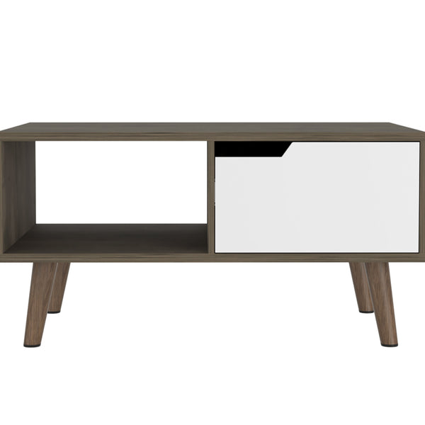 English Elm Coffee Coffee Table Dext with Single Door Cabinet and Open Shelf, Durable Particleboard Design Dark brown+White B092122944