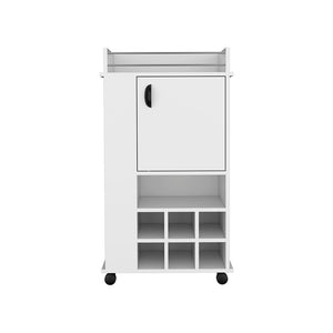 English Elm Bar Cart With Casters Reese, Six Wine Cubbies and Single Door, White Finish