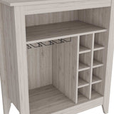 English Elm Bar Cabinet Castle, One Open Shelf, Six Wine Cubbies, Light Gray Finish