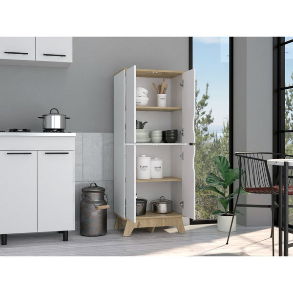 English Elm Double Kitchen Pantry Wallas Light Oak/White — Double-Door Storage Cabinet, 4 Shelves & Legs, Durable Countertop B092123099