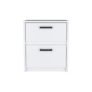 English Elm Nightstand With Two Drawers And Open Shelf - Elegant White Chequered Design For Stylish Storage Solutions B092123118