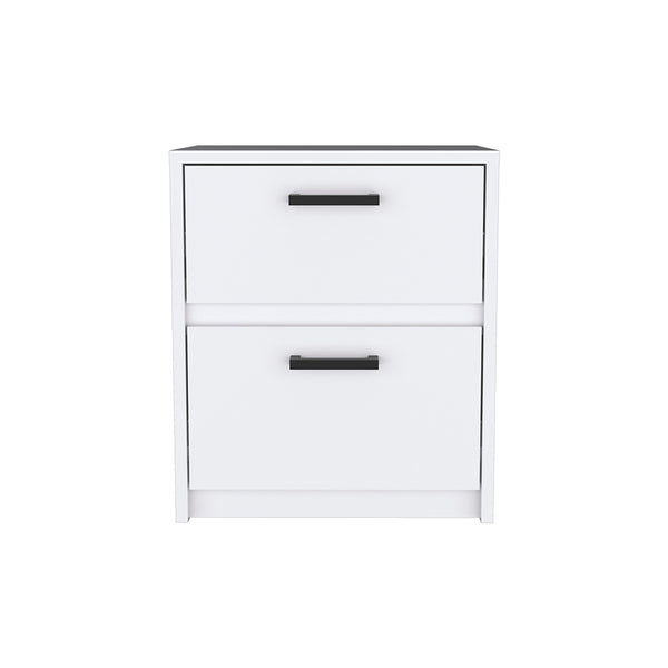 English Elm Nightstand With Two Drawers And Open Shelf - Elegant White Chequered Design For Stylish Storage Solutions B092123118