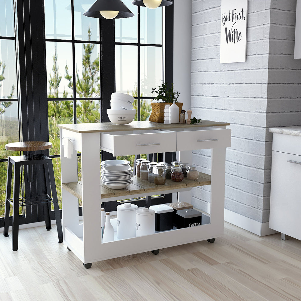 English Elm Kitchen Island 46 Inches Dozza - Stylish White & Light Oak With Storage Drawers & Locking Casters B092123277