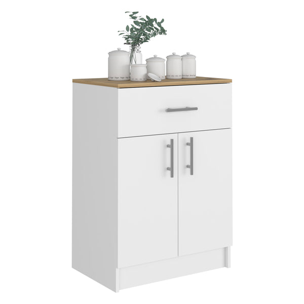English Elm Pantry Netal White & Light Oak Cabinet with Drawer, Countertop, Steel Hinges, Durable Particleboard B092123025