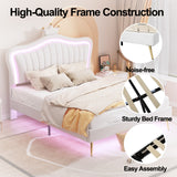 English Elm Queen Size Upholstered Bed Frame With Led Lights,Modern Upholstered Princess Bed With Crown Headboard,White