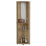 English Elm Corner Bar Cabinet Rialto, Three Shelves, Macadamia Finish