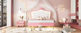 English Elm Full Size Upholstered Bed Frame With Led Lights,Modern Upholstered Princess Bed With Crown Headboard,White+Pink