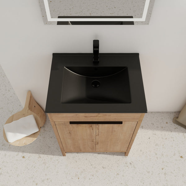 English Elm 24" Freestanding Bathroom Vanity with Black Ceramic Sink, Eco Plywood, Soft-Close Doors & Shelf W999S00102