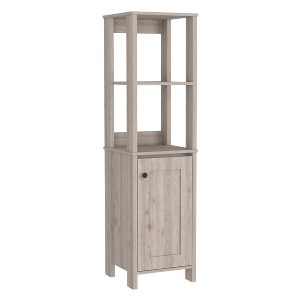 English Elm Linen Cabinet Jannes - Light Gray Finish, Two Open Shelves & Single Door For Stylish Bathroom Storage B092122957