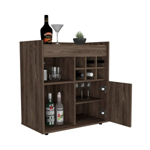 English Elm Bar Cabinet Dext, Two Concealed Shelves, Six Wine Cubbies, Dark Walnut Finish