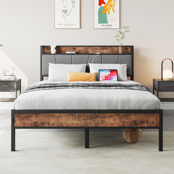 English Elm Full Platform Bed Frame with Storage Headboard and Charging Station, 11 Slats, Noise-Free, 400lb Durable Capacity W840120028