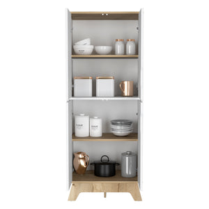 English Elm Double Kitchen Pantry Wallas, Double Door, Four Legs, Four Shelves, Light Oak / White Finish