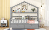 English Elm Wooden Twin Size House Bed With 2 Drawers,Kids Bed With Storage Shelf, Gray