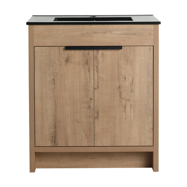 English Elm 30" Freestanding Bathroom Vanity With Black Ceramic Basin & Soft-Close Doors For Modern Spaces W999S00103