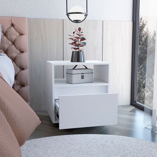 English Elm Nightstand Munyochi - Compact White Storage Solution With Drawer For Small Spaces & Modern Decor B092123114