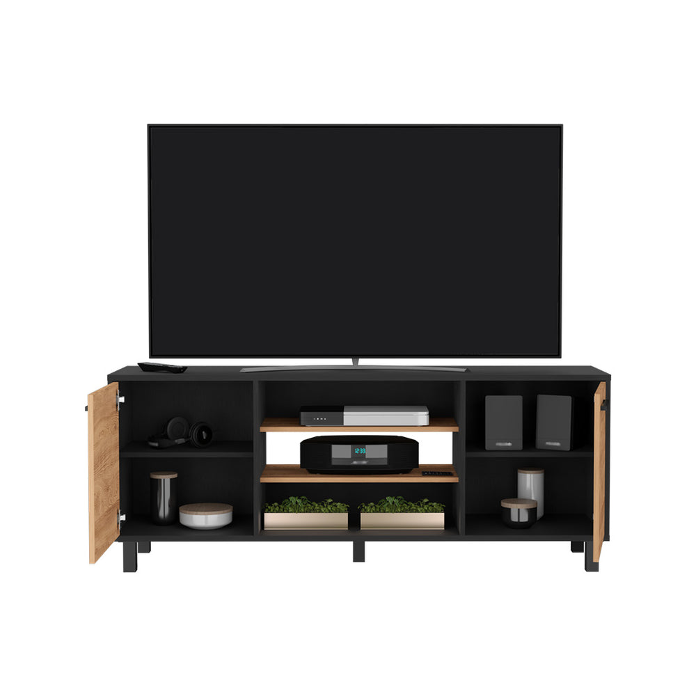 English Elm Tv Stand Washington 65" Top Surface, White Particle Board, 4 Shelves, Cabinets, Metal Legs, Durable Finish B092123103