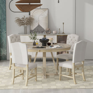 English Elm Trexm Retro Round Extendable Dining Set Acacia Veneer Table Four Tufted Chairs ST000094AAN