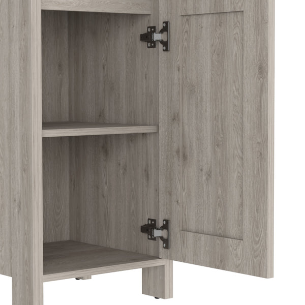 English Elm Linen Cabinet Jannes - Light Gray Finish, Two Open Shelves & Single Door For Stylish Bathroom Storage B092122957