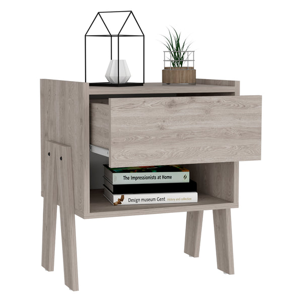English Elm Nightstand Ferku - Modern Light Gray With Open Shelf & Drawer For Stylish Bedroom Storage Solutions B092122928