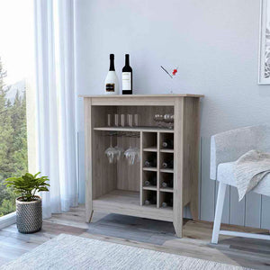 English Elm Bar Cabinet Castle with Six Wine Cubbies and Open Shelf, Elegant Wengue Finish, Decorative Top Light Gray B092122894