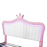 English Elm Queen Size Upholstered Bed Frame With Led Lights,Modern Upholstered Princess Bed With Crown Headboard,White+Pink