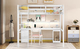Hearth and Haven Zanesville Full Loft Bed with Multi storage Desk, LED light, Bedside Tray and Charging Station, White