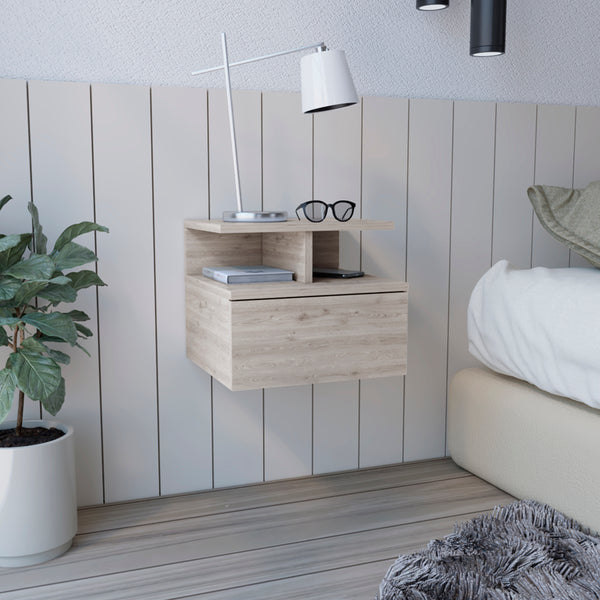 English Elm Floating Nightstand Flopini wall-mounted bedside table with drawer, space-saving shelf, durable design Light Gray B092123165