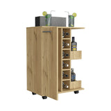 English Elm Bar Cart Wells, Four Casters, Six Wine Cubbies, Single Door Cabinet, Light Oak Finish