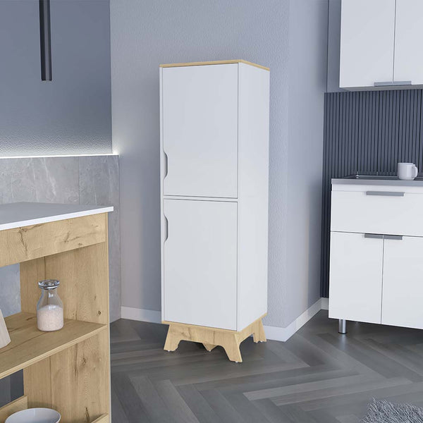 English Elm Single Kitchen Pantry Wallas - Light Oak/White Four-Shelf Two-Door Storage Cabinet, Durable Particleboard Finish, Easy Assembly, Compact 30.3"L x 21.2"W x 9"H B092123100