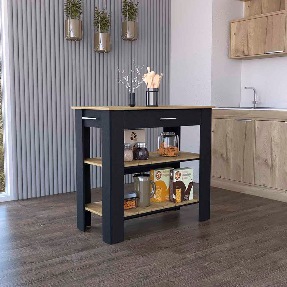 English Elm Kitchen Island 40 Inches Dozza With Two Shelves, Modern Black Wengue & Light Oak Finish Design B092123276