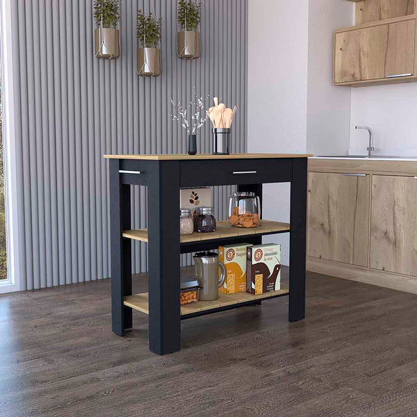 English Elm Kitchen Island 40 Inches Dozza With Two Shelves, Modern Black Wengue & Light Oak Finish Design B092123276