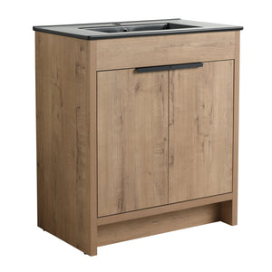 English Elm 30" Freestanding Bathroom Vanity With Black Ceramic Basin & Soft-Close Doors For Modern Spaces W999S00103