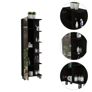 English Elm Mirror Linen Cabinet Reno 62" Tall Mirrored Door with Four Open Shelves and Adjustable Interior Storage Black B092123062