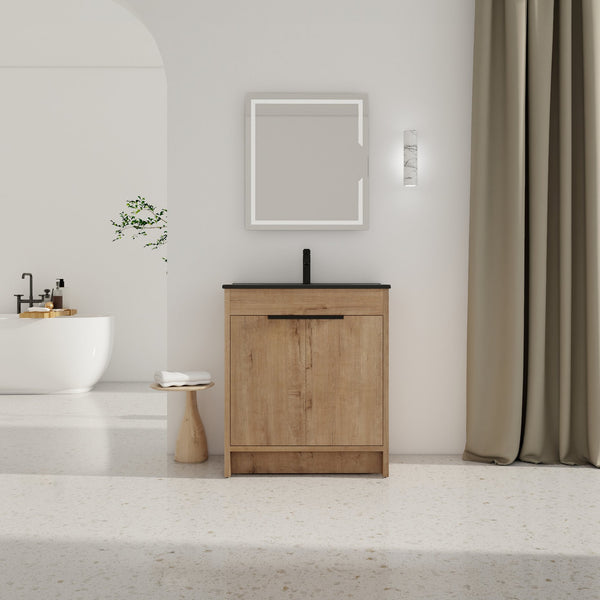English Elm 30" Freestanding Bathroom Vanity With Black Ceramic Basin & Soft-Close Doors For Modern Spaces W999S00103