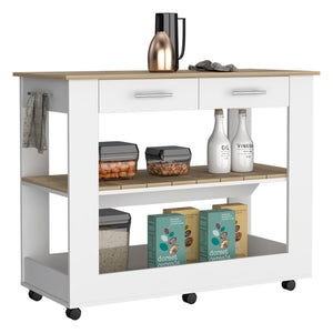 English Elm Kitchen Island 46 Inches Dozza - Stylish White & Light Oak With Storage Drawers & Locking Casters B092123277