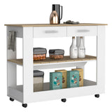 English Elm Kitchen Island 46 Inches Dozza, Two Drawers, White / Light Oak Finish